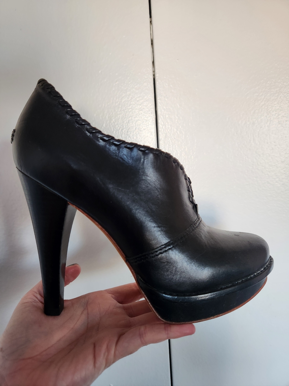 UGG Black Leather High Heel Platform Bootie with Whipstitch Trim
